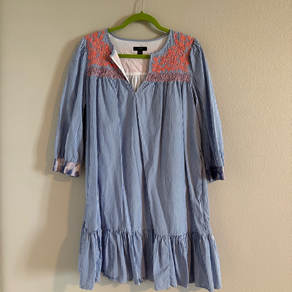 J. Crew Blue and White Striped Dress with Coral Embroidery’s
